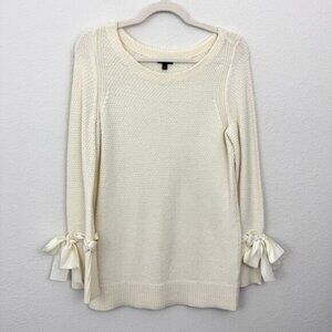Talbots Womens Pullover Sweater Size M Lambswool Blend Bow Ribbon Knit Cream